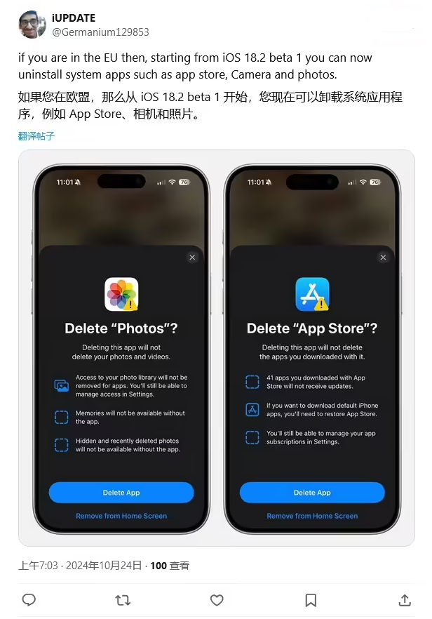 墨江苹果手机维修分享iOS 18.2 支持删除 App Store 应用商店 